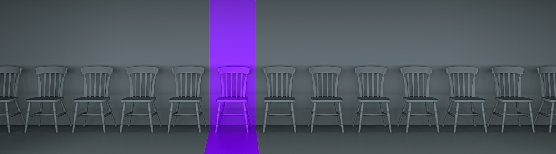 row of chairs with one lit up purple
